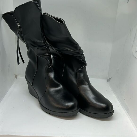 BLACK MID CALF WEDGE BOOTS WOMENS FTL-07-387 - Picture 1 of 8